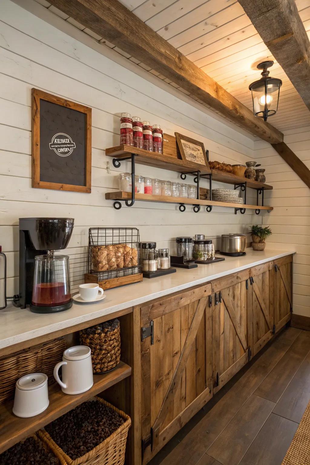 Rustic elements add warmth and a cozy feel to a coffee bar.