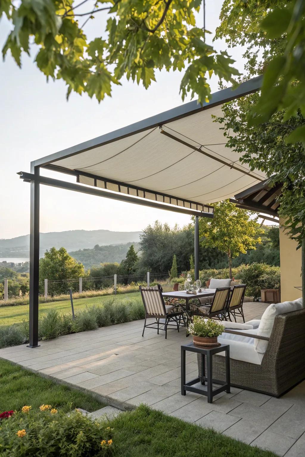 Cantilevered awnings provide shade while maximizing patio space.