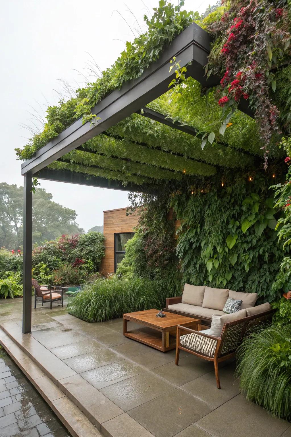 Verdant wall baldachins synthesize greenery with rain safeguarding.