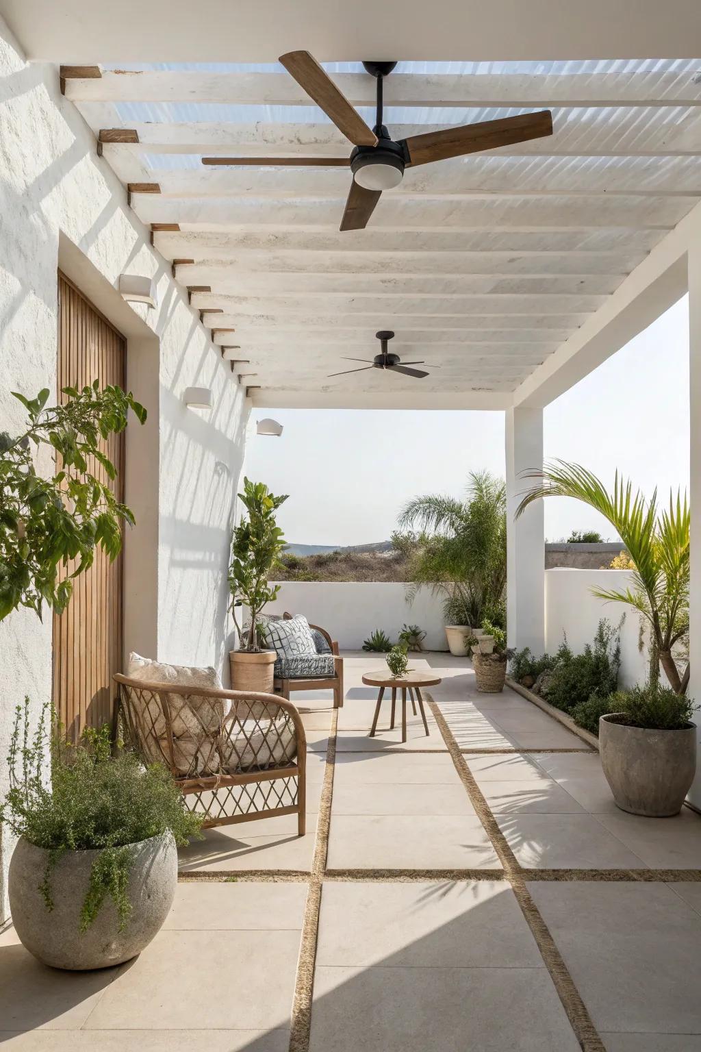 A minimalist patio featuring a discreet ceiling fan.
