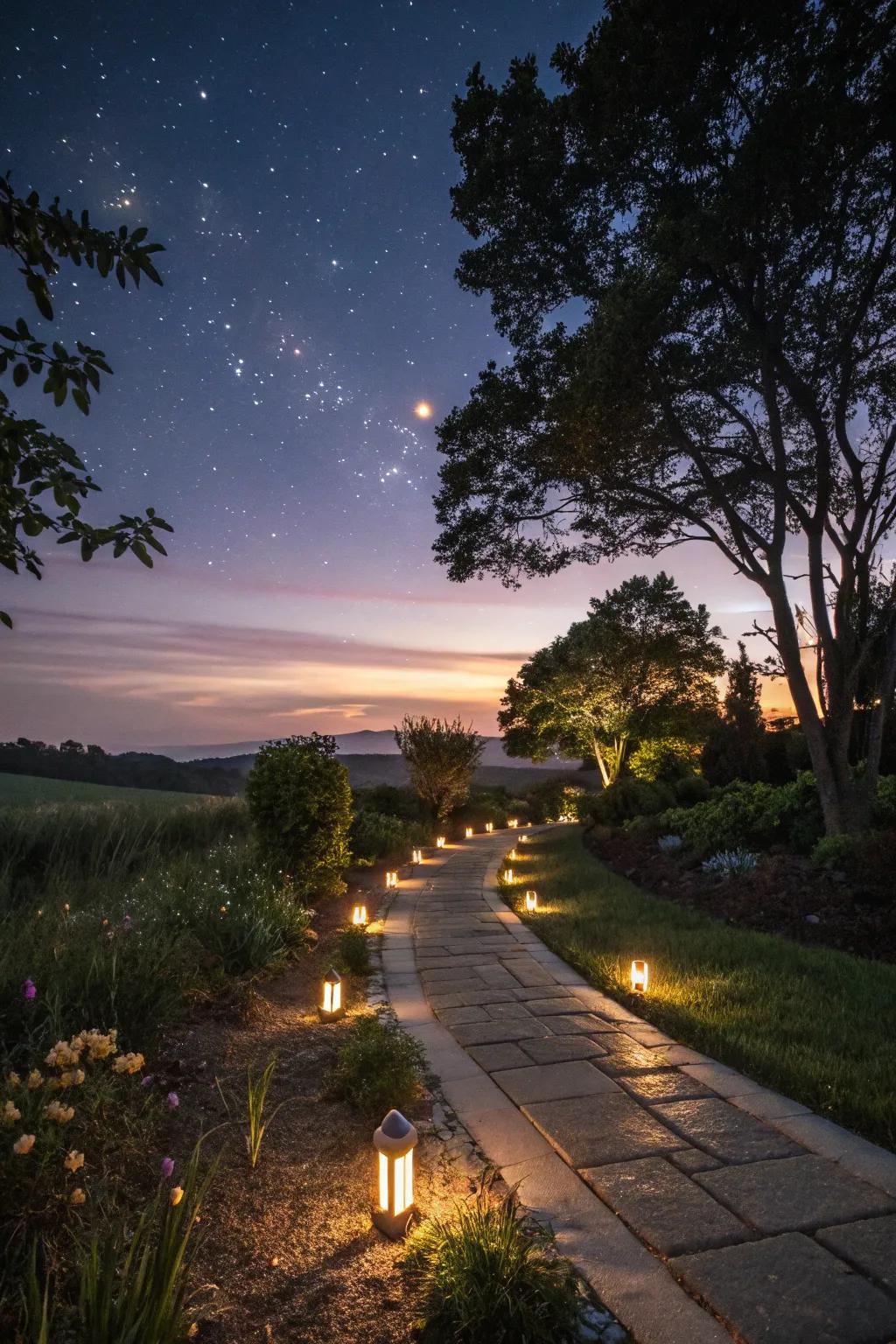 Solar lights casting a warm glow over a garden path.