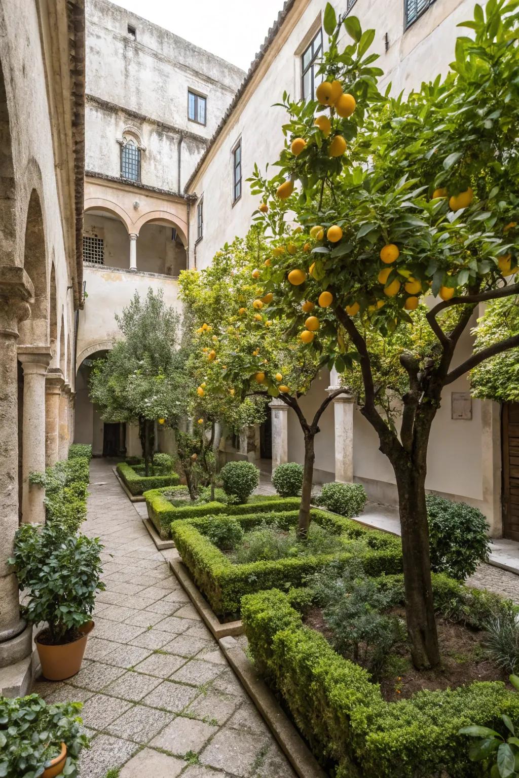 Orange trees bring a sunny Mediterranean vibe and aromatic delight.