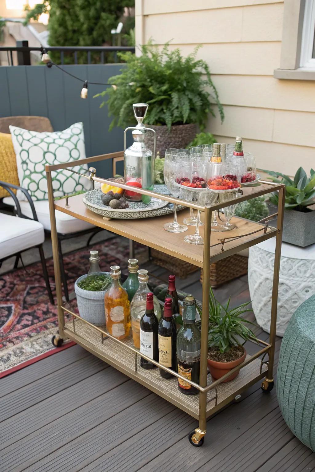 A bar cart keeps the party going on a small patio.