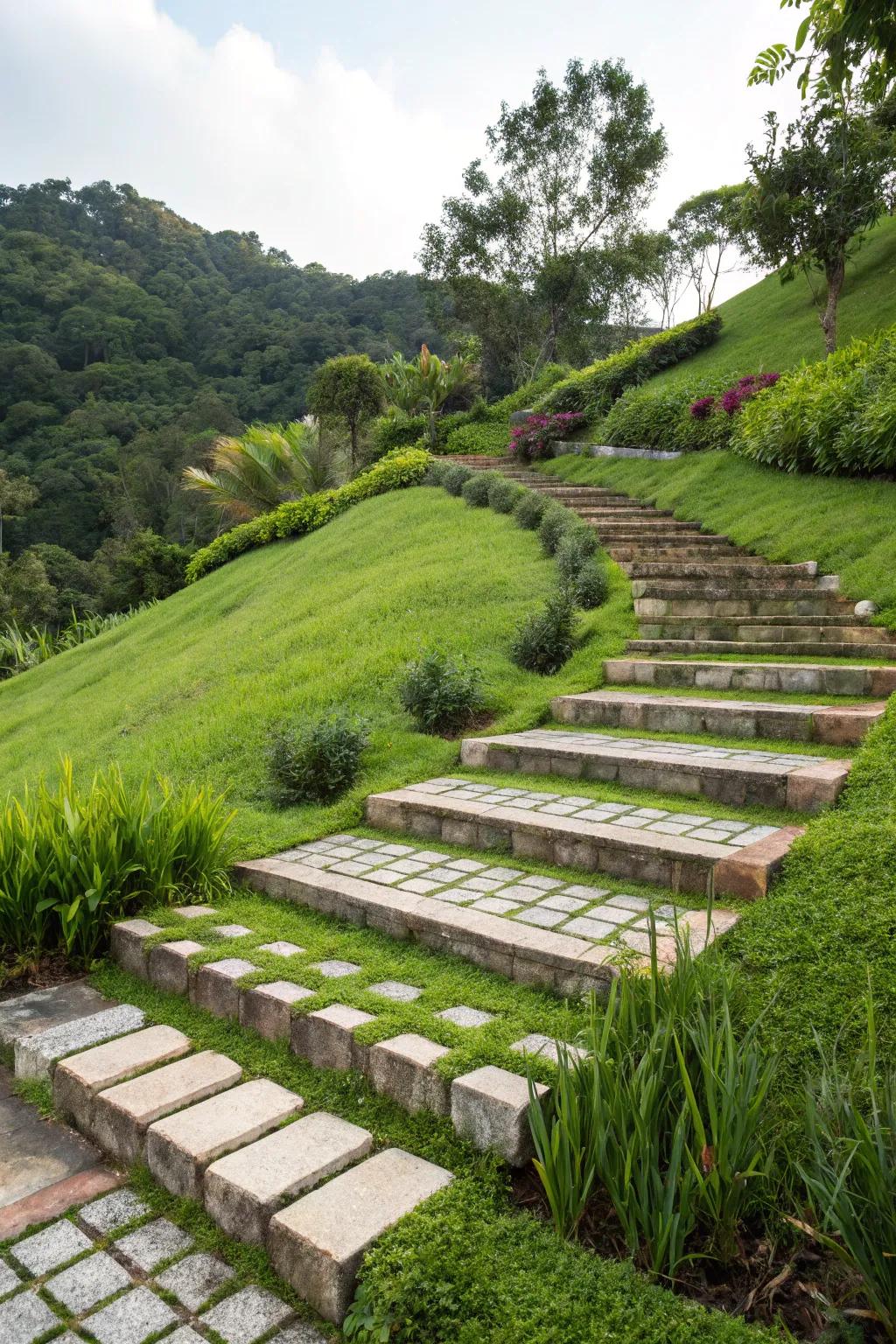 Terraced steps elegantly tame slopes.