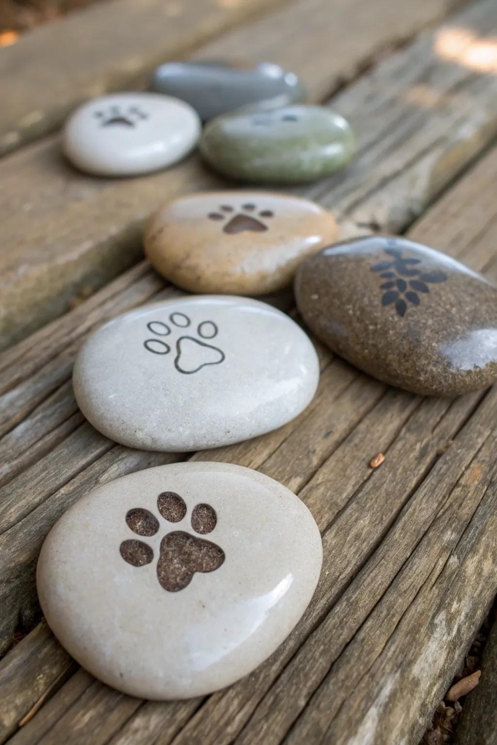Engraved pocket gems with paw prints for comfort.