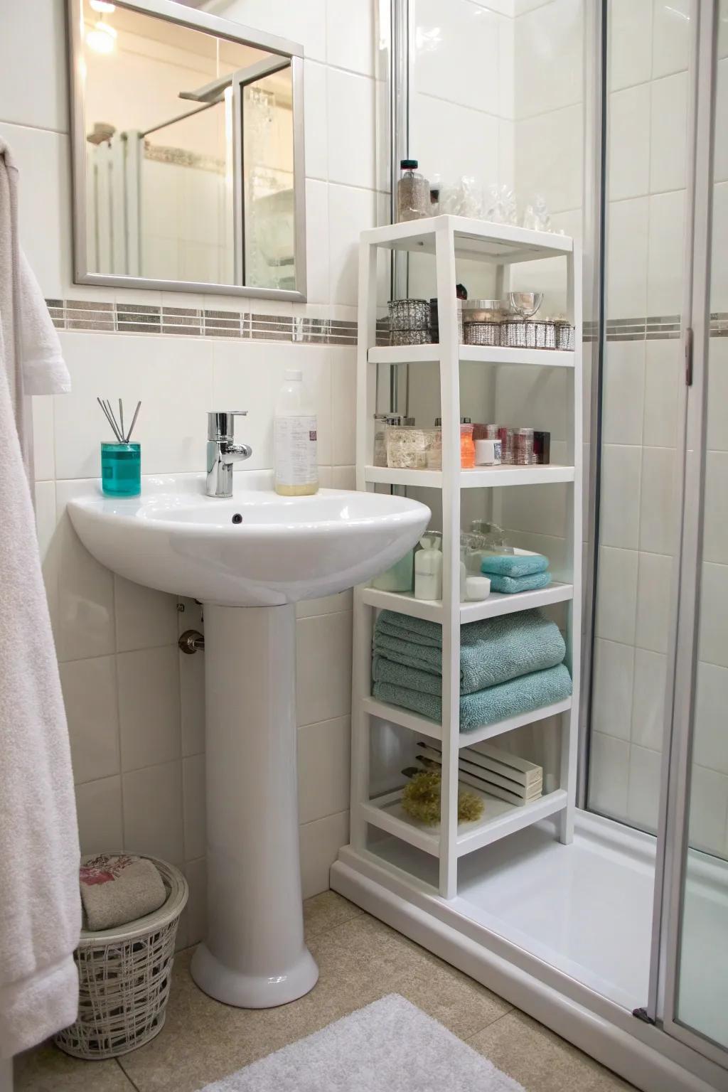 Suction shelves providing extra storage outside the shower.