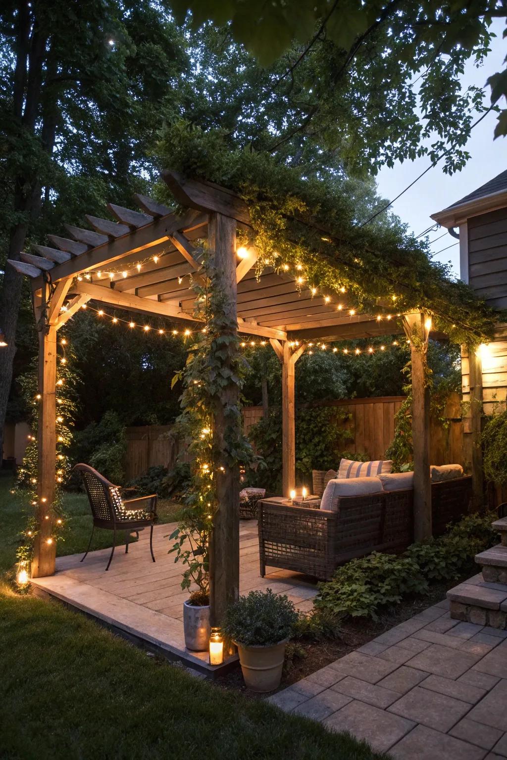 Trellises with lighting add privacy and a warm glow to evening settings.
