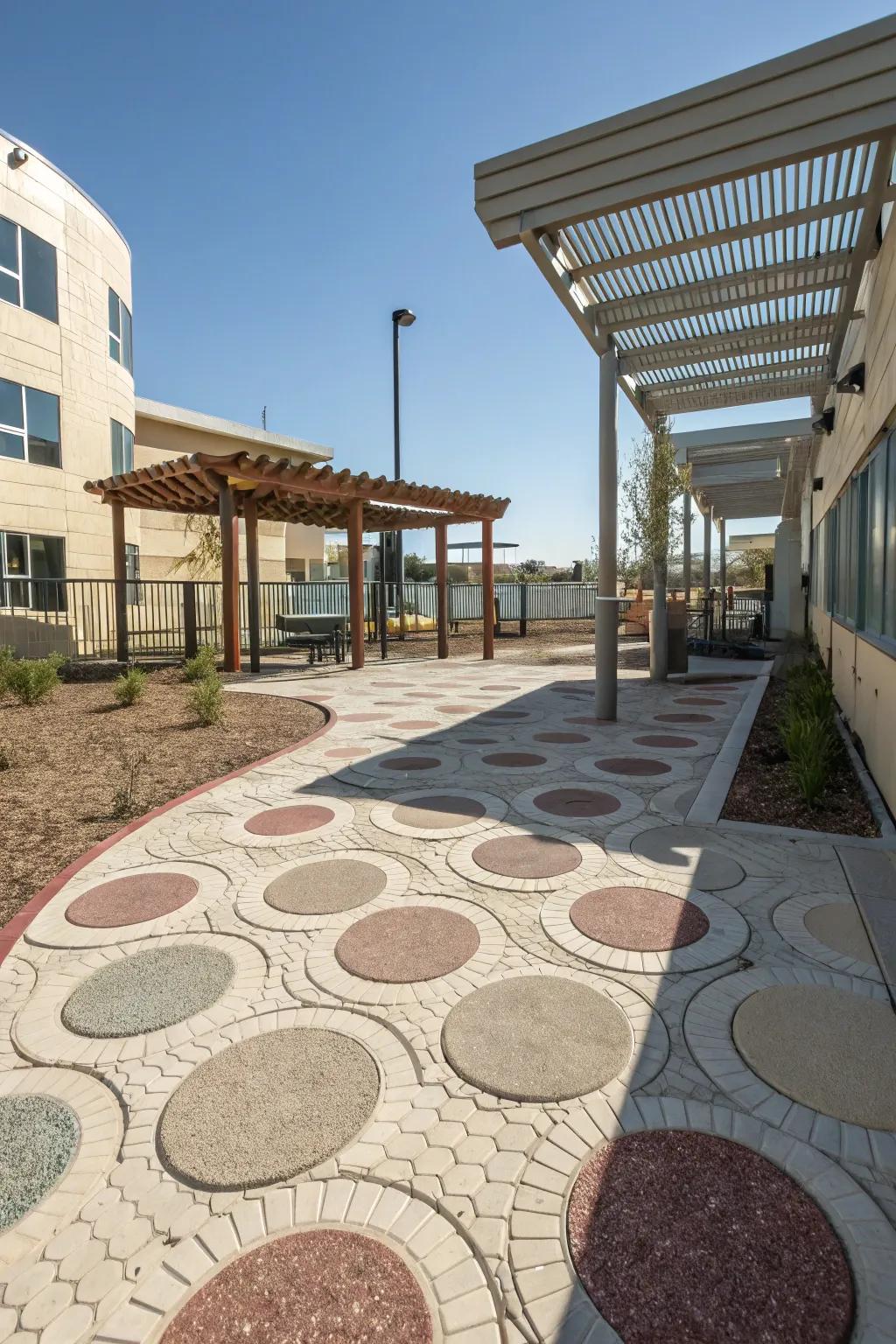 Circular cell pavers add creativity and permeability to patios.