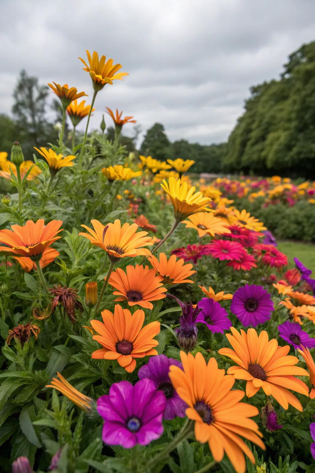 A vibrant and bold garden display is created with African daisies and petunias.