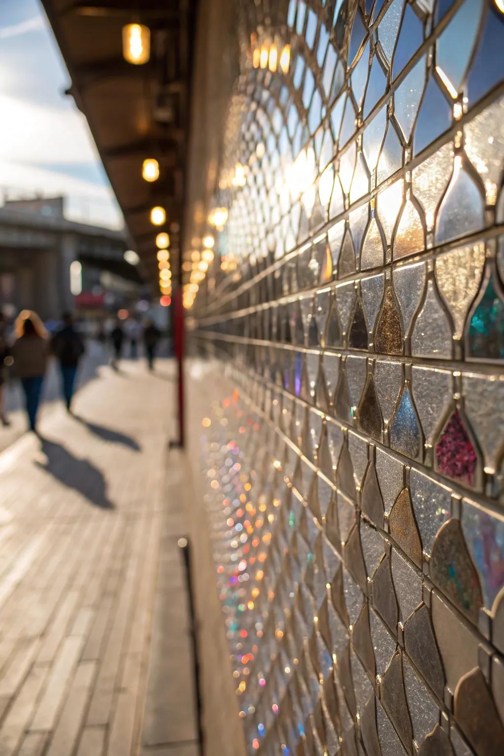 A wall with metallic foil and mirror accents, injecting a dazzling and sparkling effect.