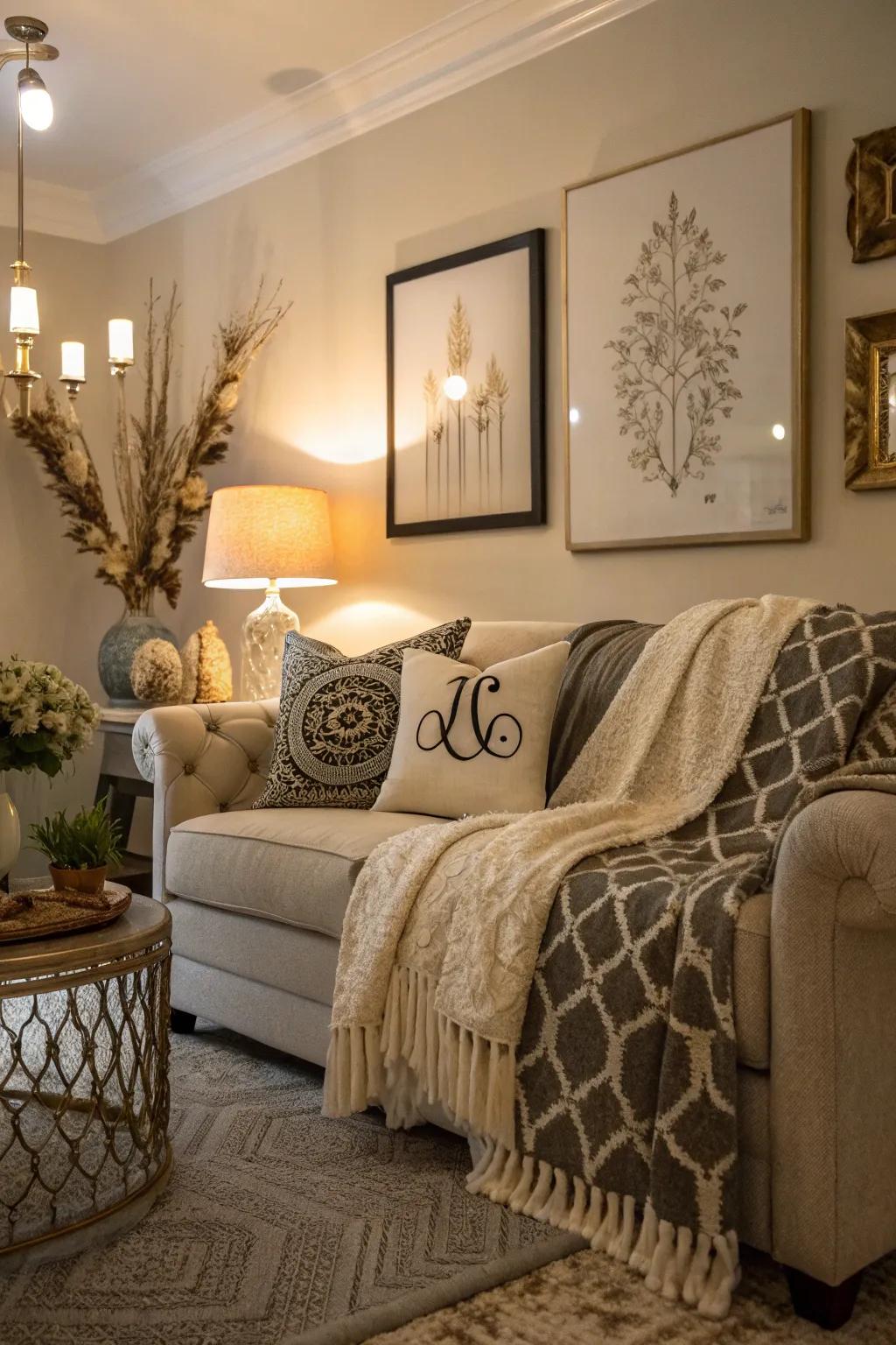 Customized throws on a sofa, adding a unique and personal touch to the decor.