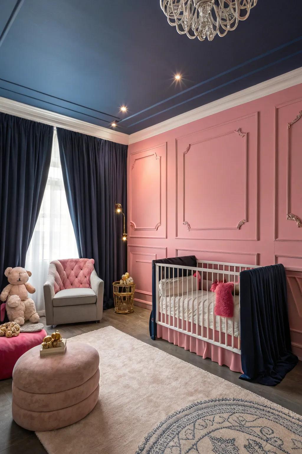 A nursery with a bold rose and deep sea palette that exudes drama.