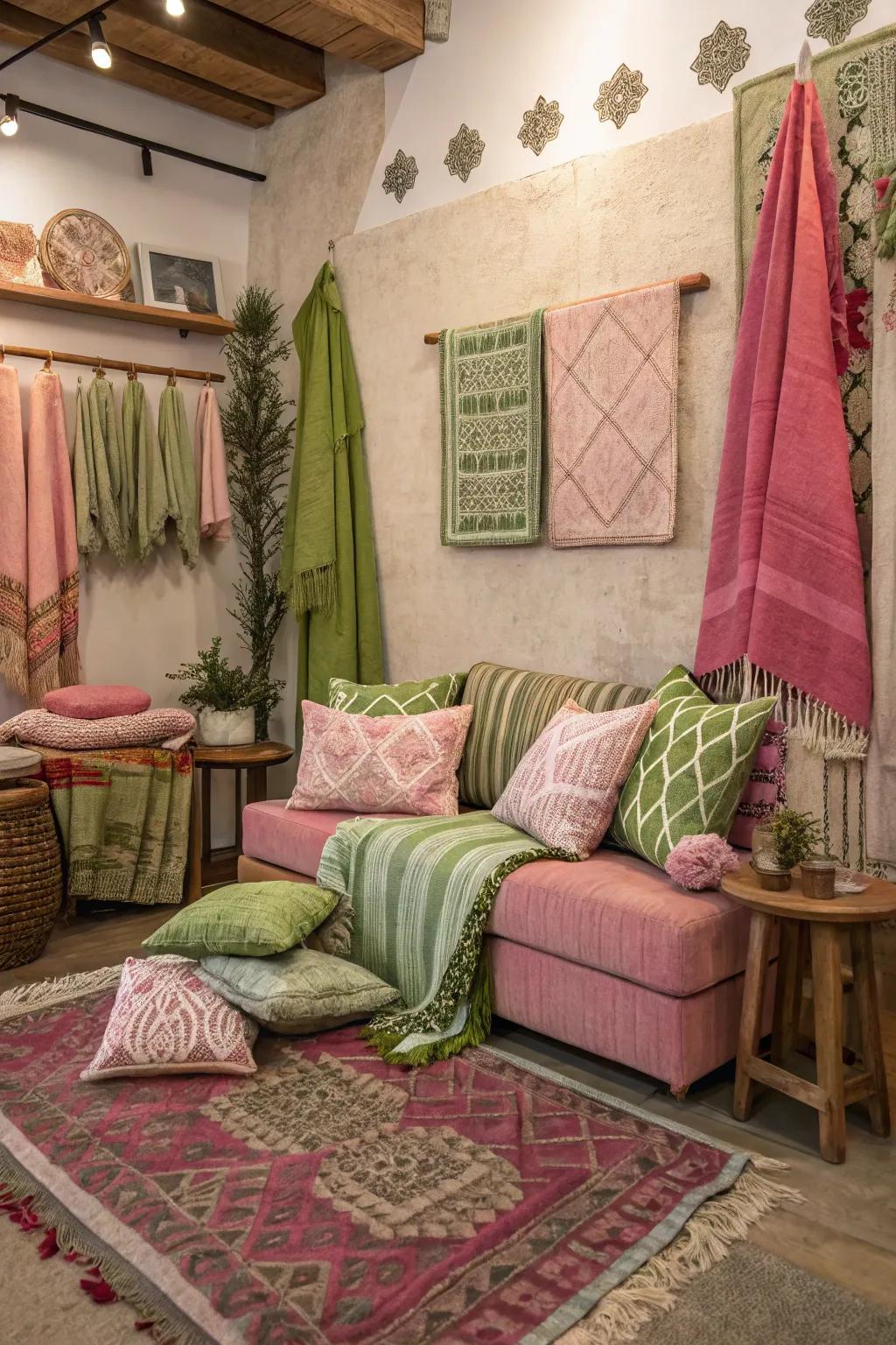 Eclectic textiles in pink and green add warmth and personality.