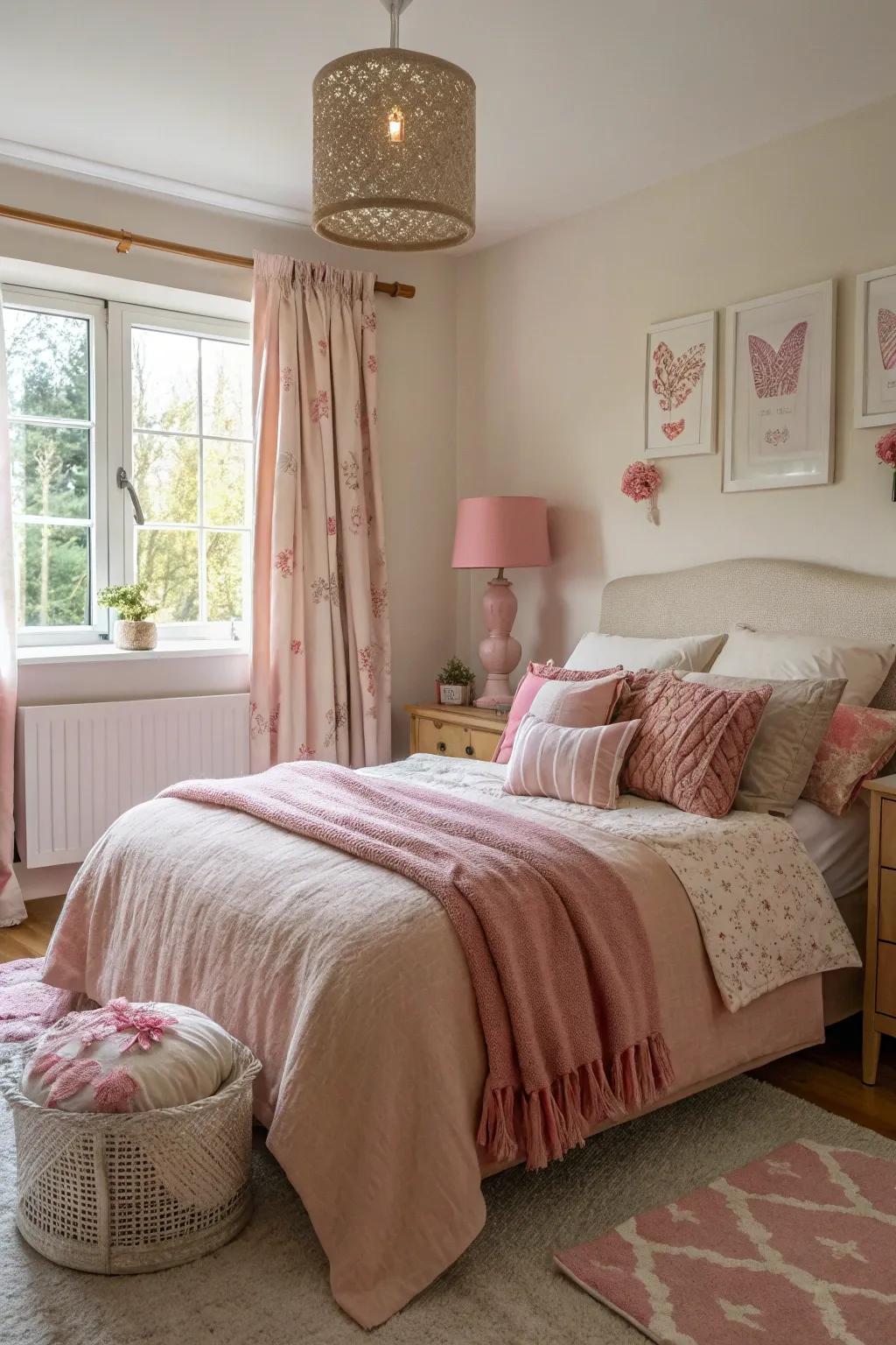 Unexpected rose decor elements add a unique twist to this stylish bedroom.