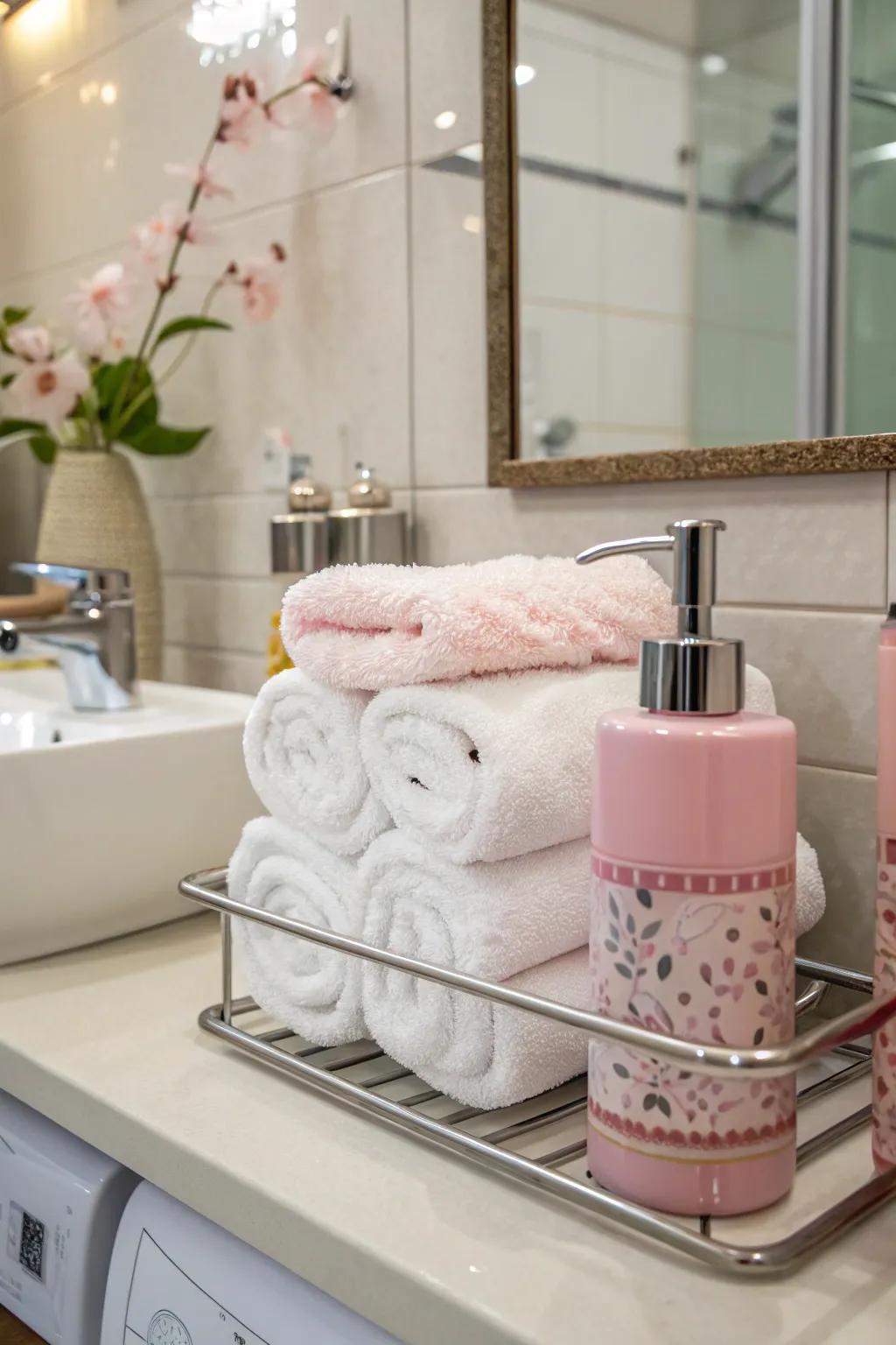 Festive pink accents in the bathroom.