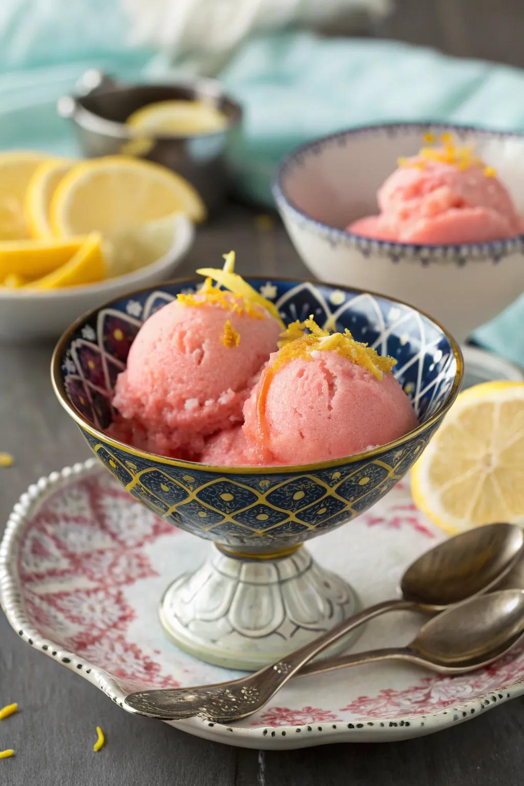 Pink lemonade sorbet is a refreshing and tangy dessert.