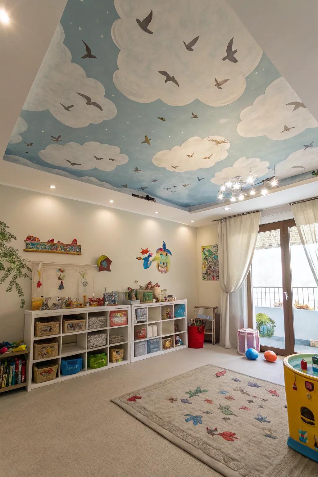 Sky-high ceilings with clouds add an expansive feel to the playroom.