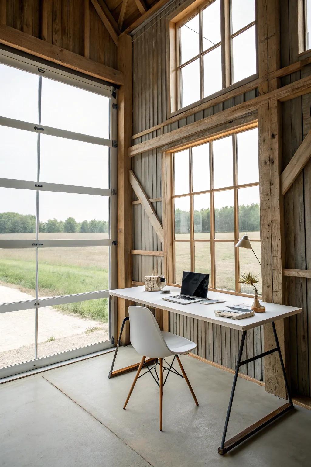 A minimalist office in a pole barn with a simple desk and natural light.