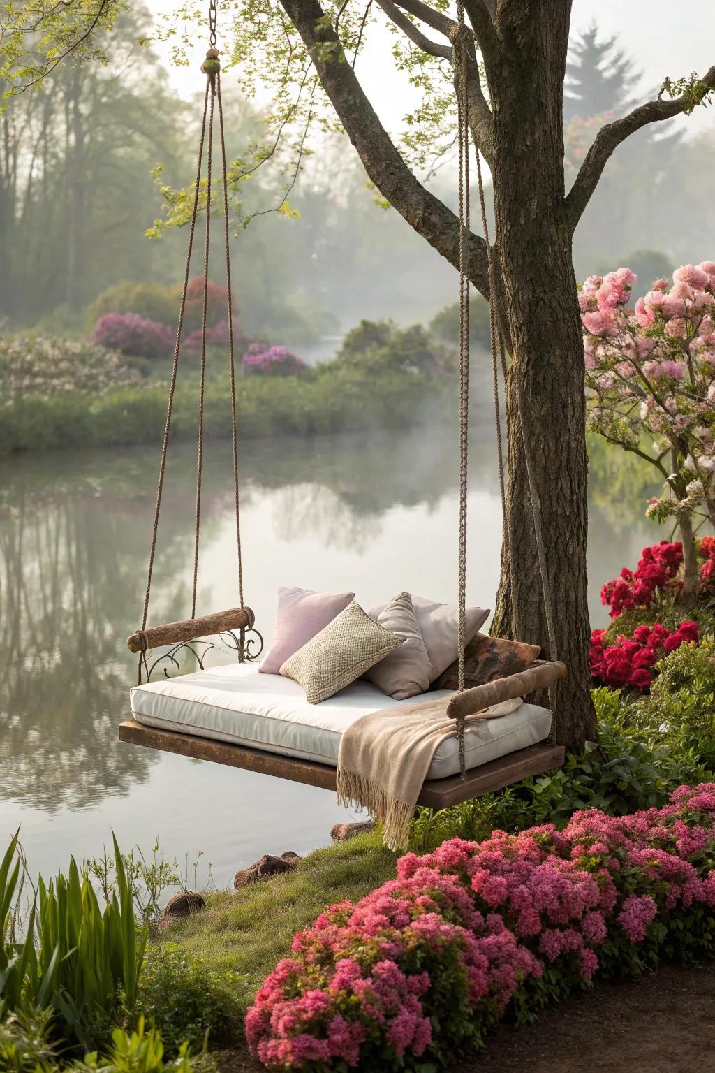 A swing bed extends a sumptuous and dreamy seating preference by the pond.