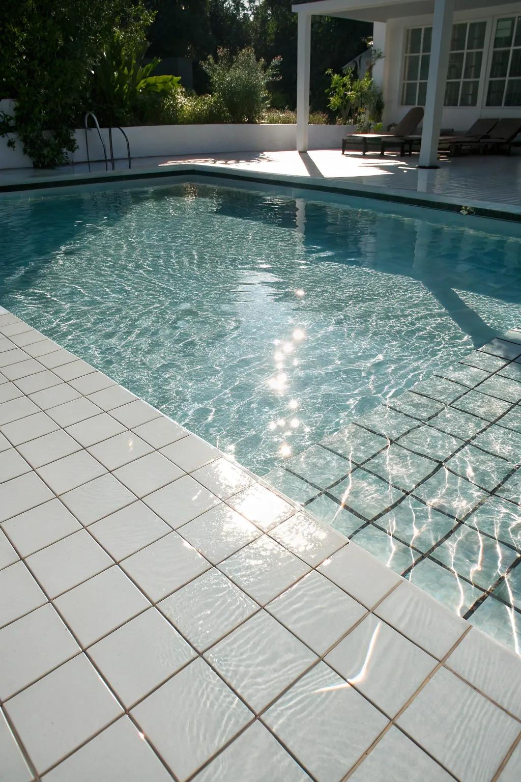 Bright white tiles enhance brightness and clarity in your pool.