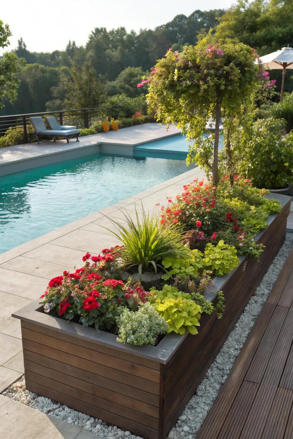 Enhance your pool deck with built-in planters for added greenery.