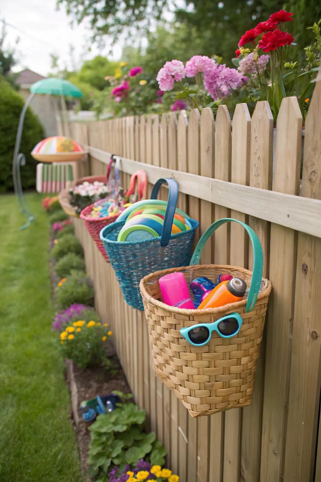 Hanging baskets make poolside essentials accessible.