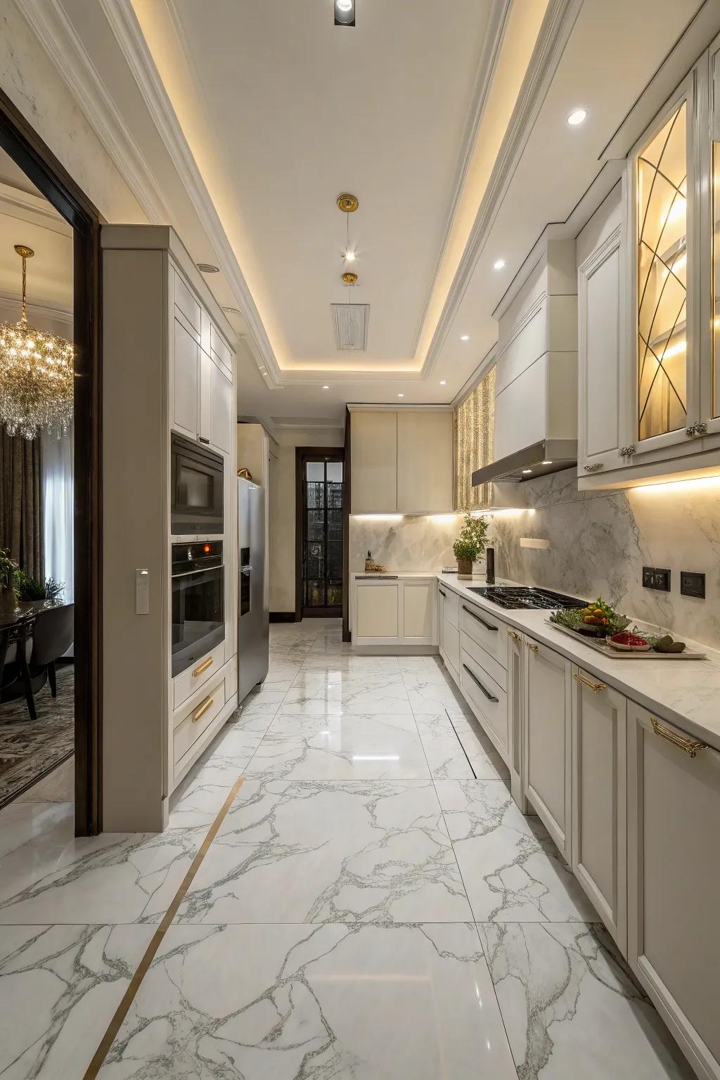 Marble imagery enriches kitchen spaces with refinement and opulence.