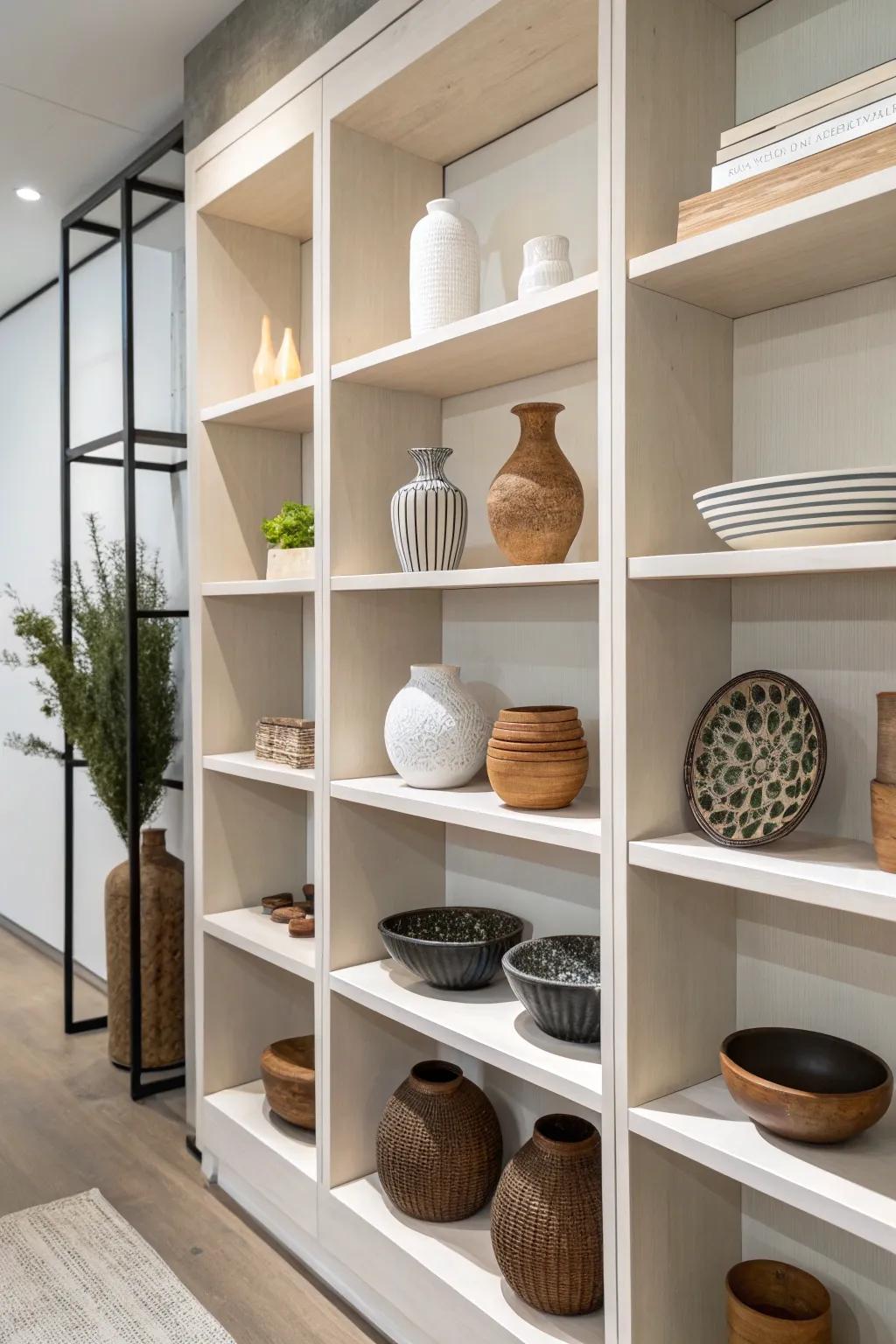 Minimalist open shelving with pottery display.