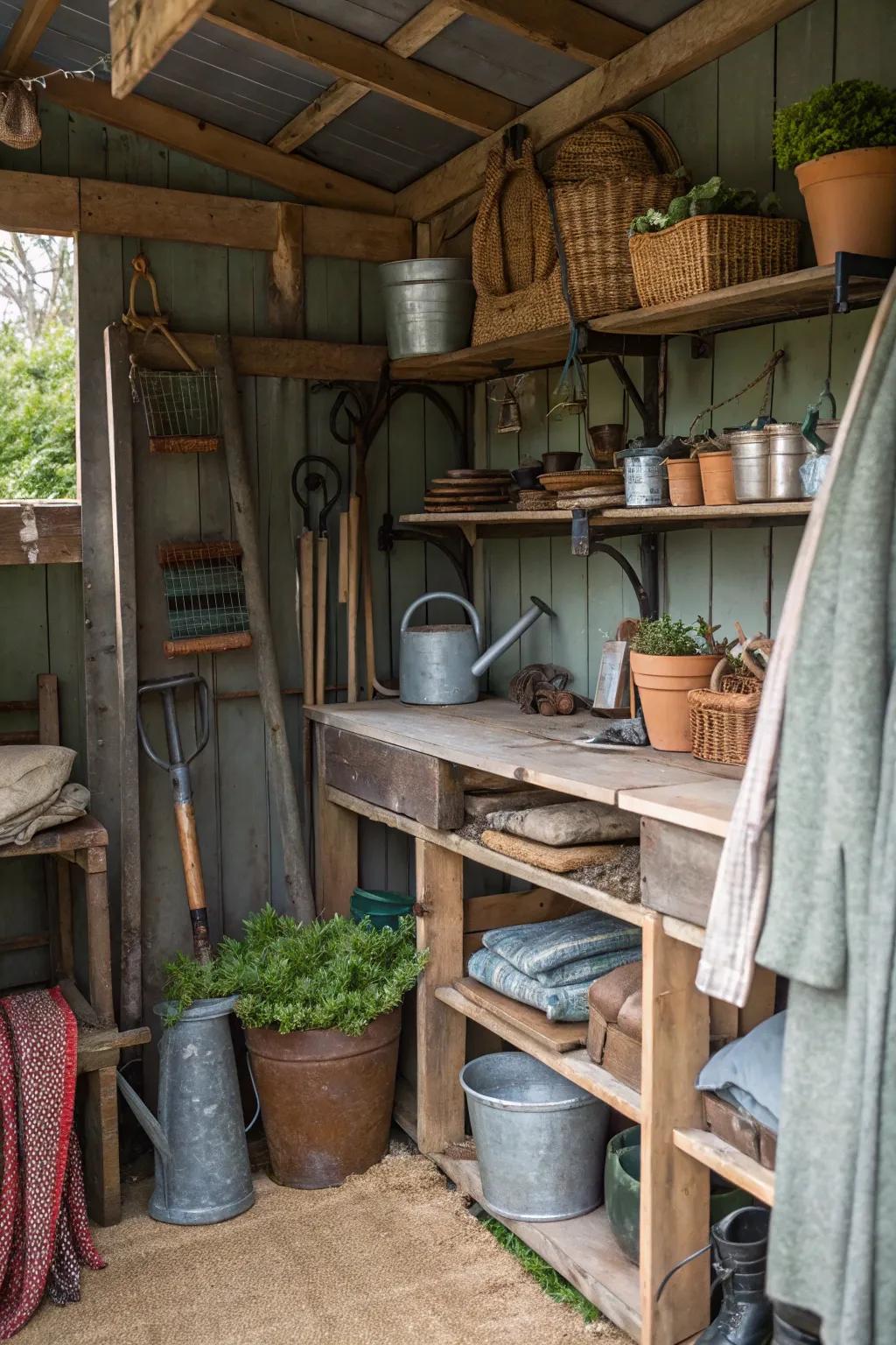 A potting shed featuring a blend of textures for visual appeal.