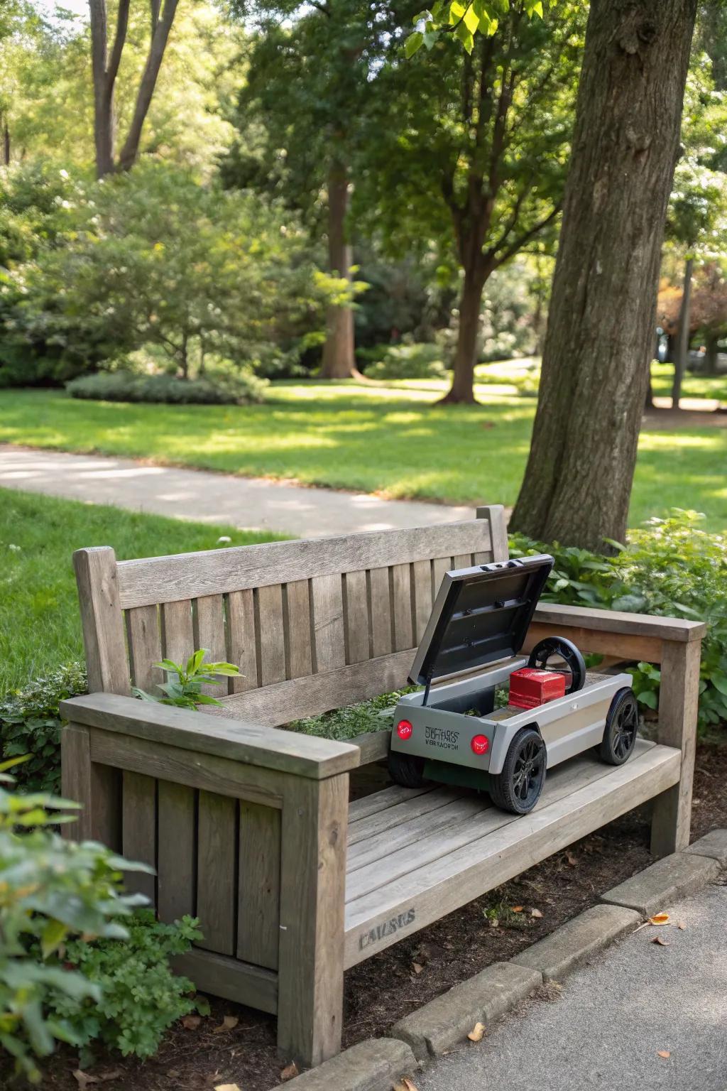 Concealed sections seamlessly storing electric ride-on cars.