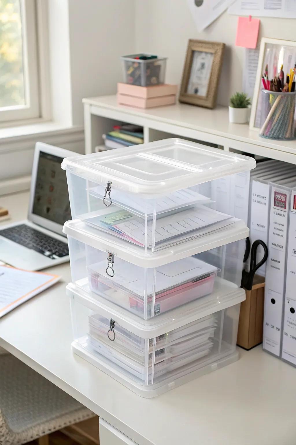 Transparent storage boxes for visible and protected paper storage.