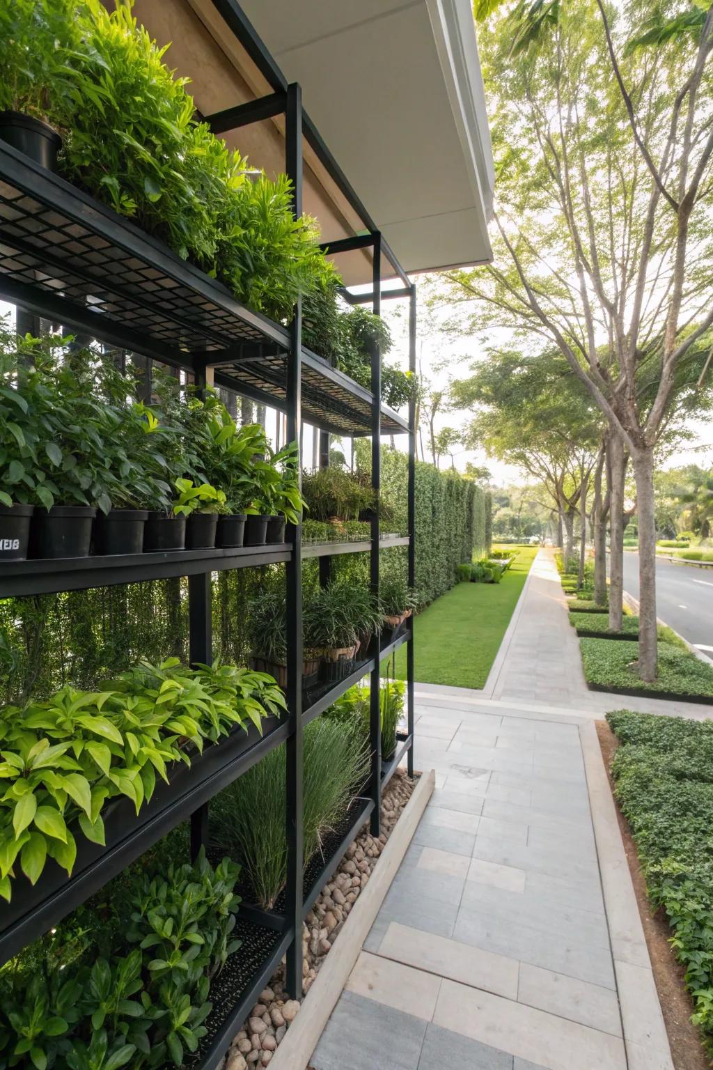 Outdoor shelving with plants provides a stylish privacy solution with added functionality.