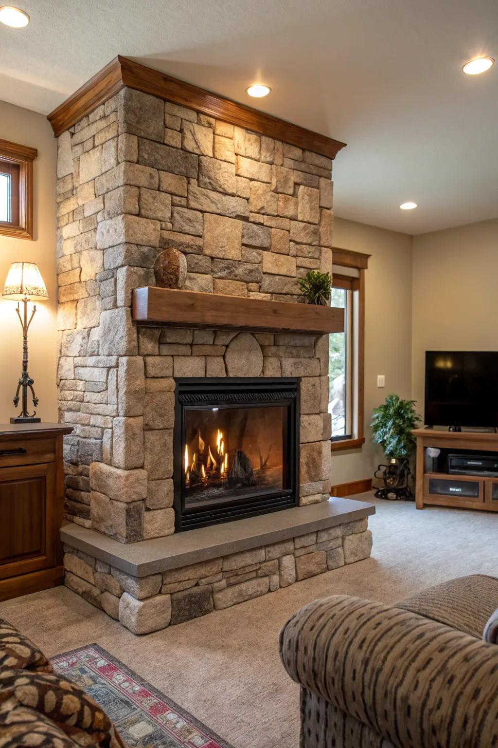 A living area featuring a statement stone border for the propane fireplace.