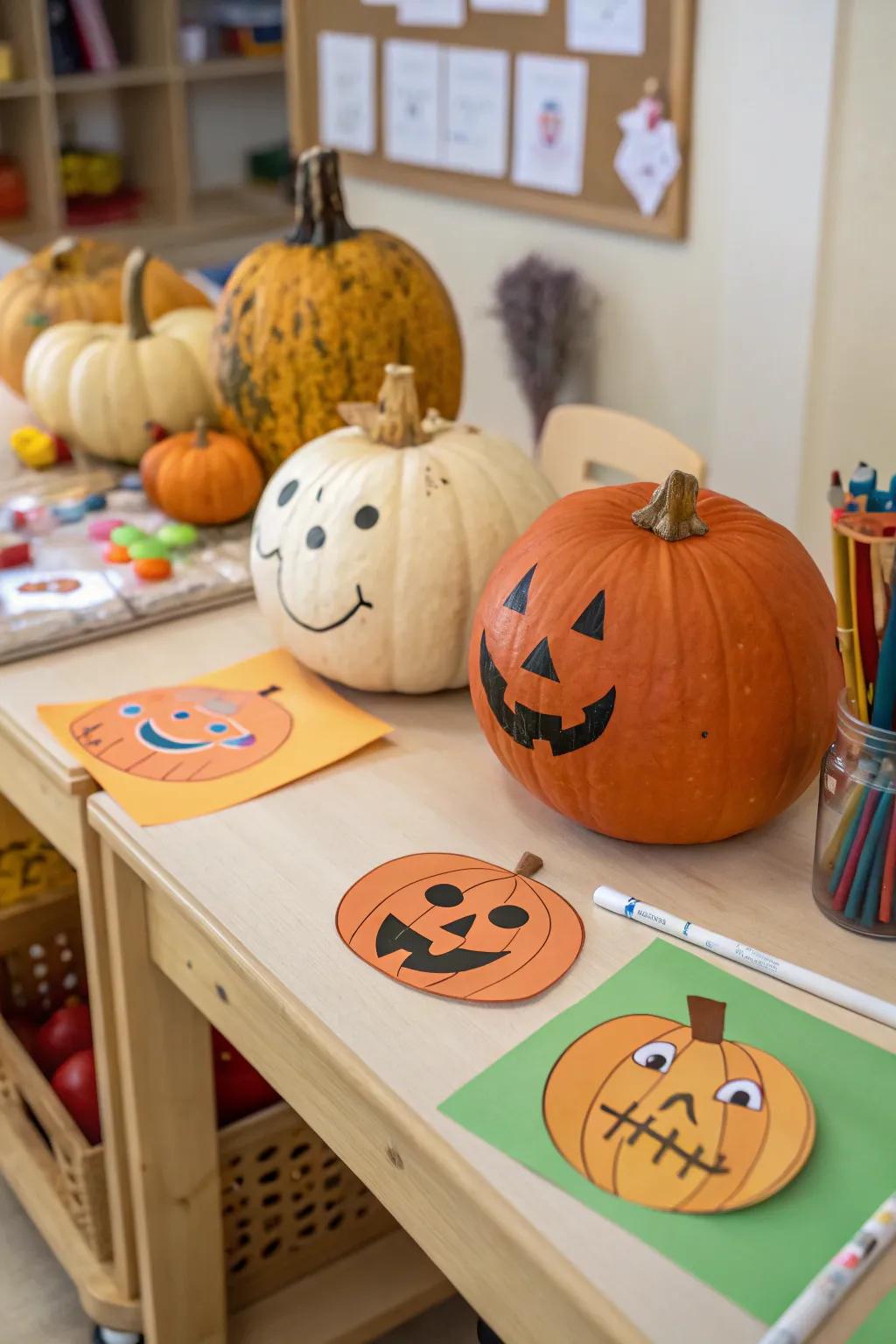 Pumpkins with playful paper cutout faces.