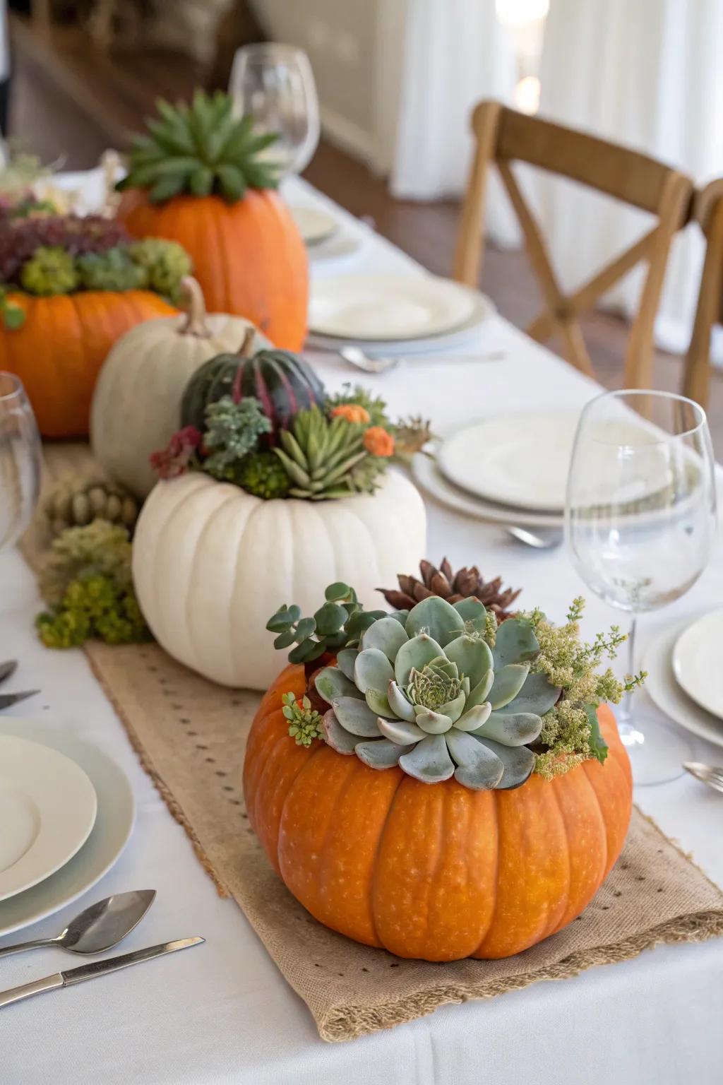 Blend nature and style with fleshy plant-surmounted pumpkins.