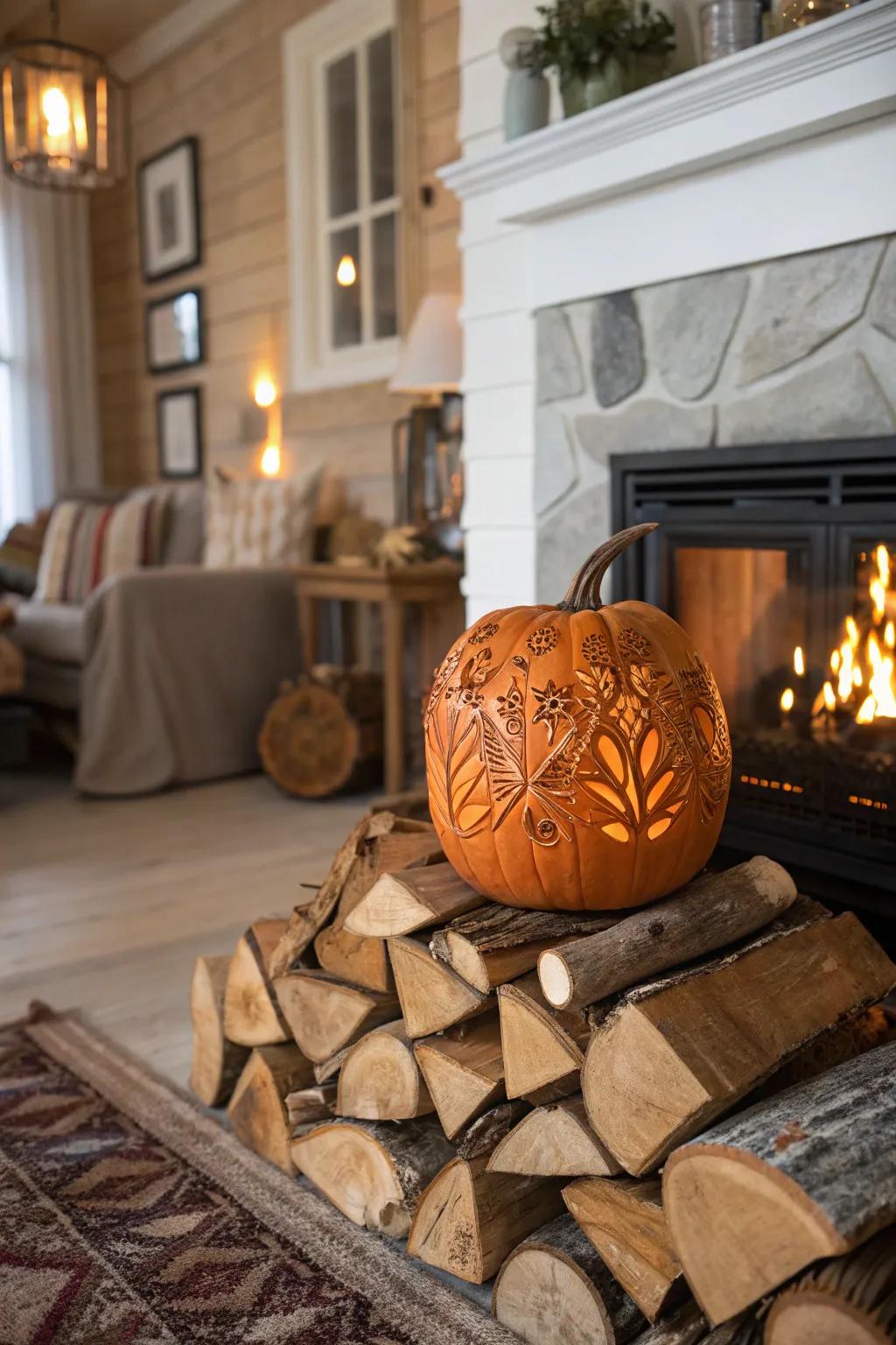 A quirky use of a pumpkin as a decorative firewood holder.