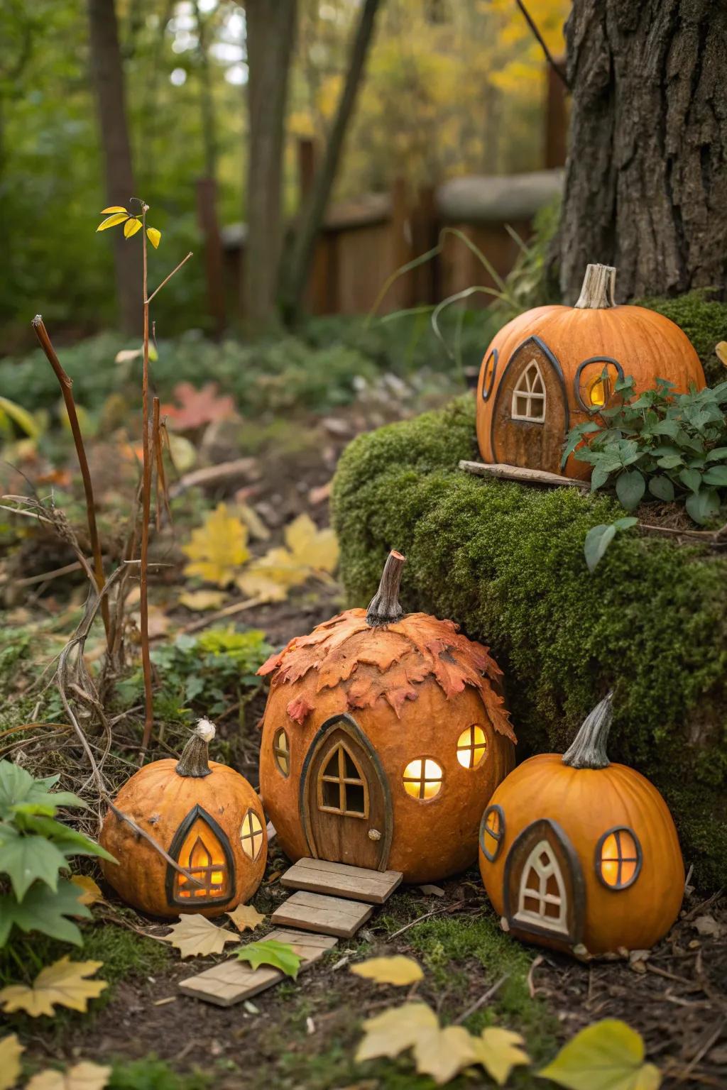 Charming miniature gourd homes in the garden.