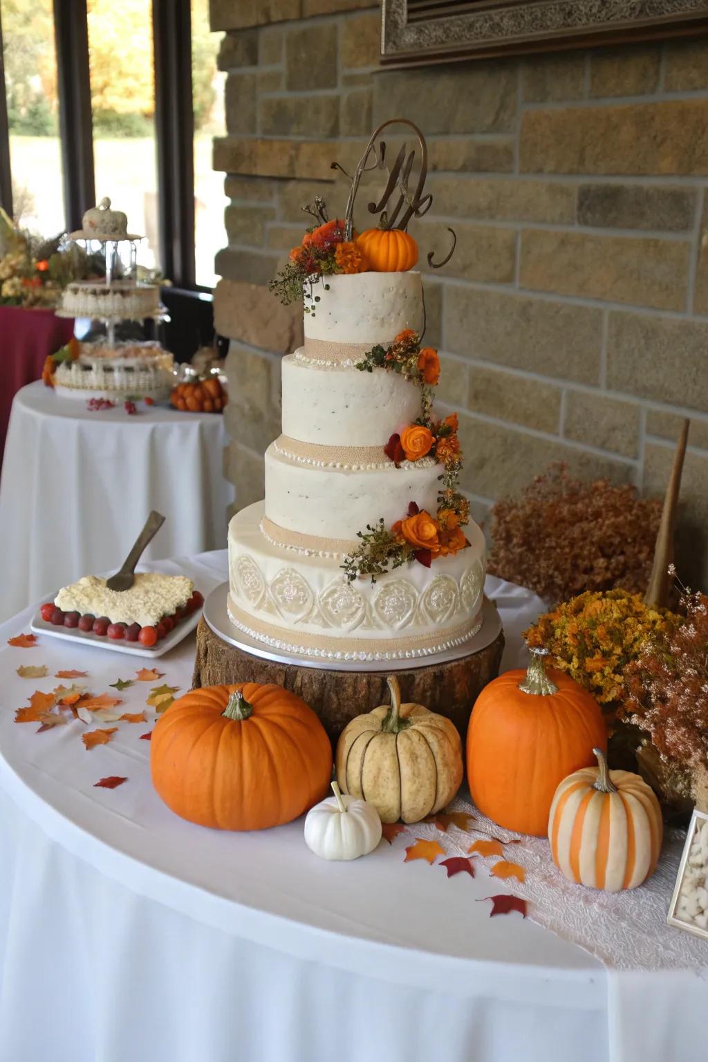 A cake table tastefully decorated with squash touches.