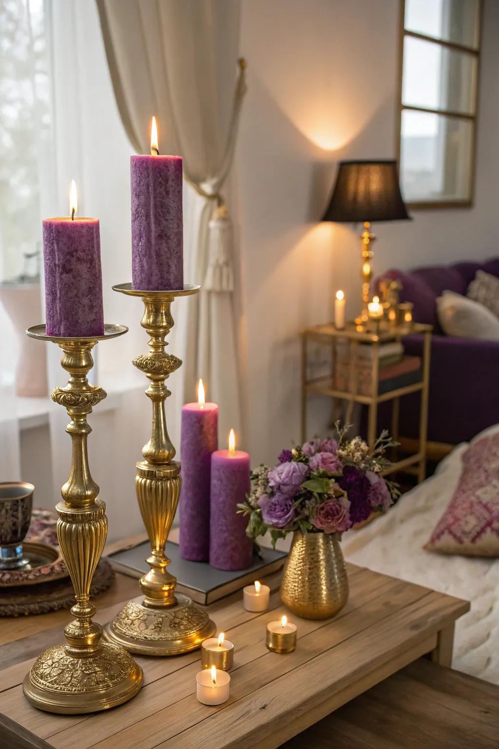Gold candle holders with purple candles fashion a cozy and romantic vibe.