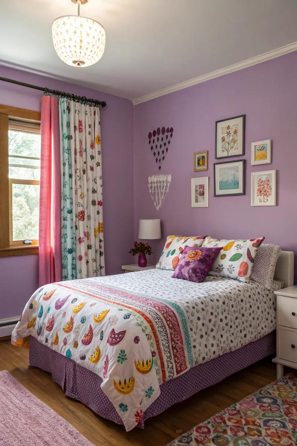 Lively patterns adding visual interest to a purple-themed bedroom.