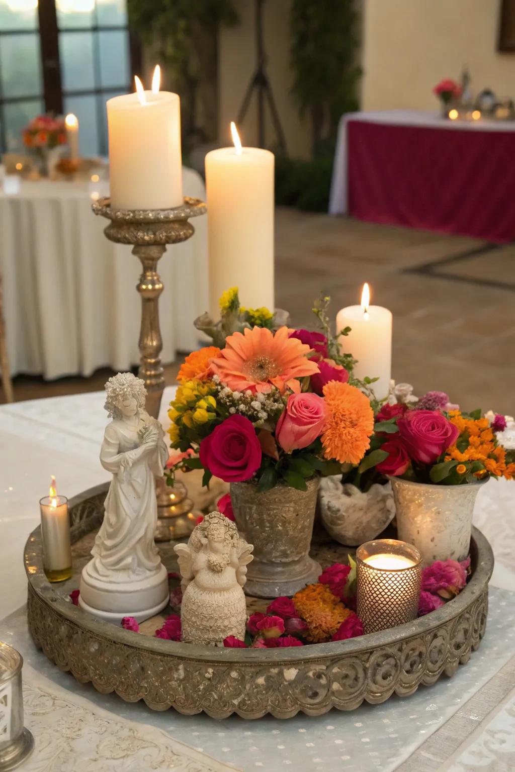 Eclectic centerpieces add a personalized touch to tables.