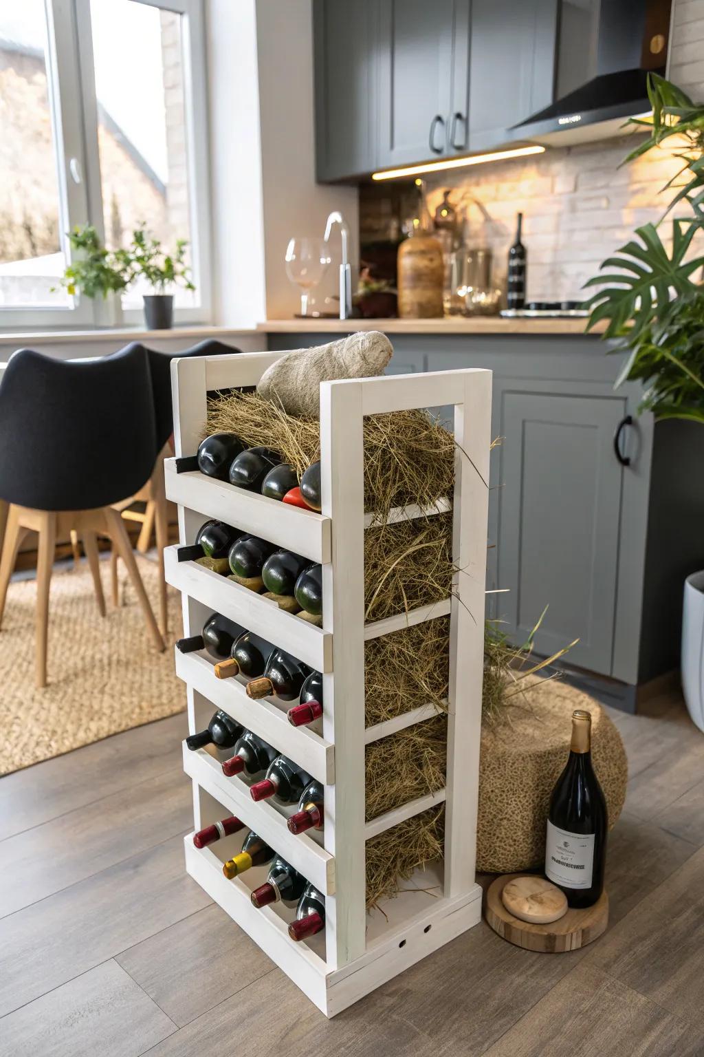 A wine rack used in a smart way for hay storage.