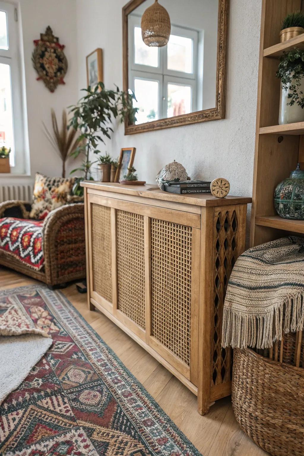 Cane webbing adds a bohemian touch to a radiator shield.