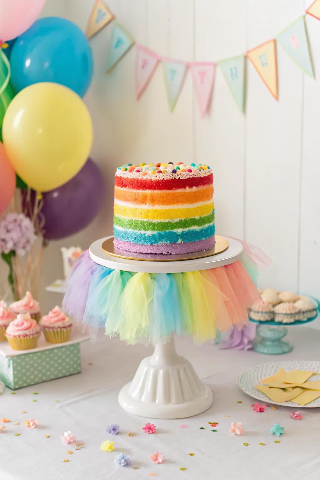 A tulle skirt dessert stand introduces whimsy and style to every dessert.