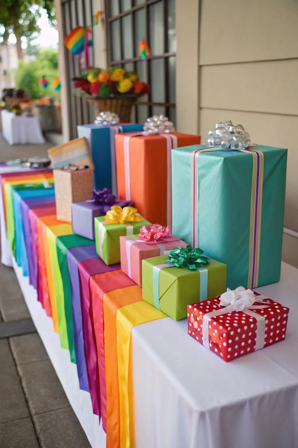 An exquisitely arranged present presentation showcasing spectrum-themed presents.