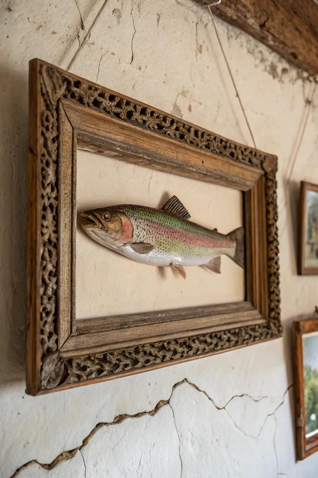 A vintage-inspired frame lends a timeless appeal to the rainbow trout mount.