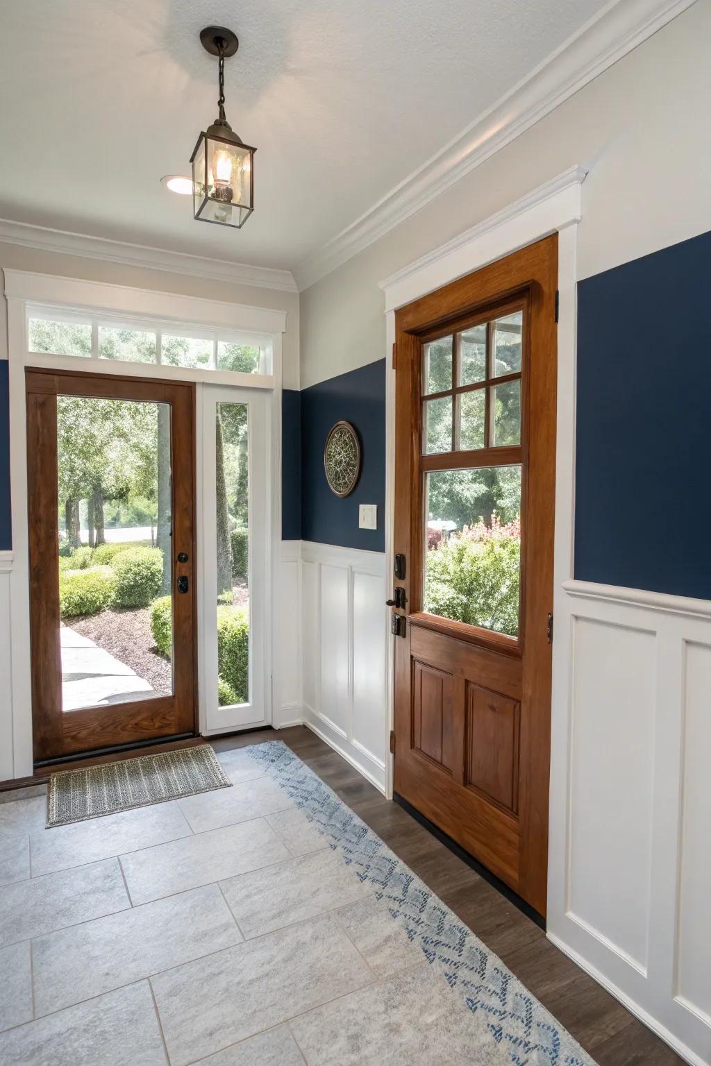 A two-tone wall effect adds depth and makes the entryway visually interesting.