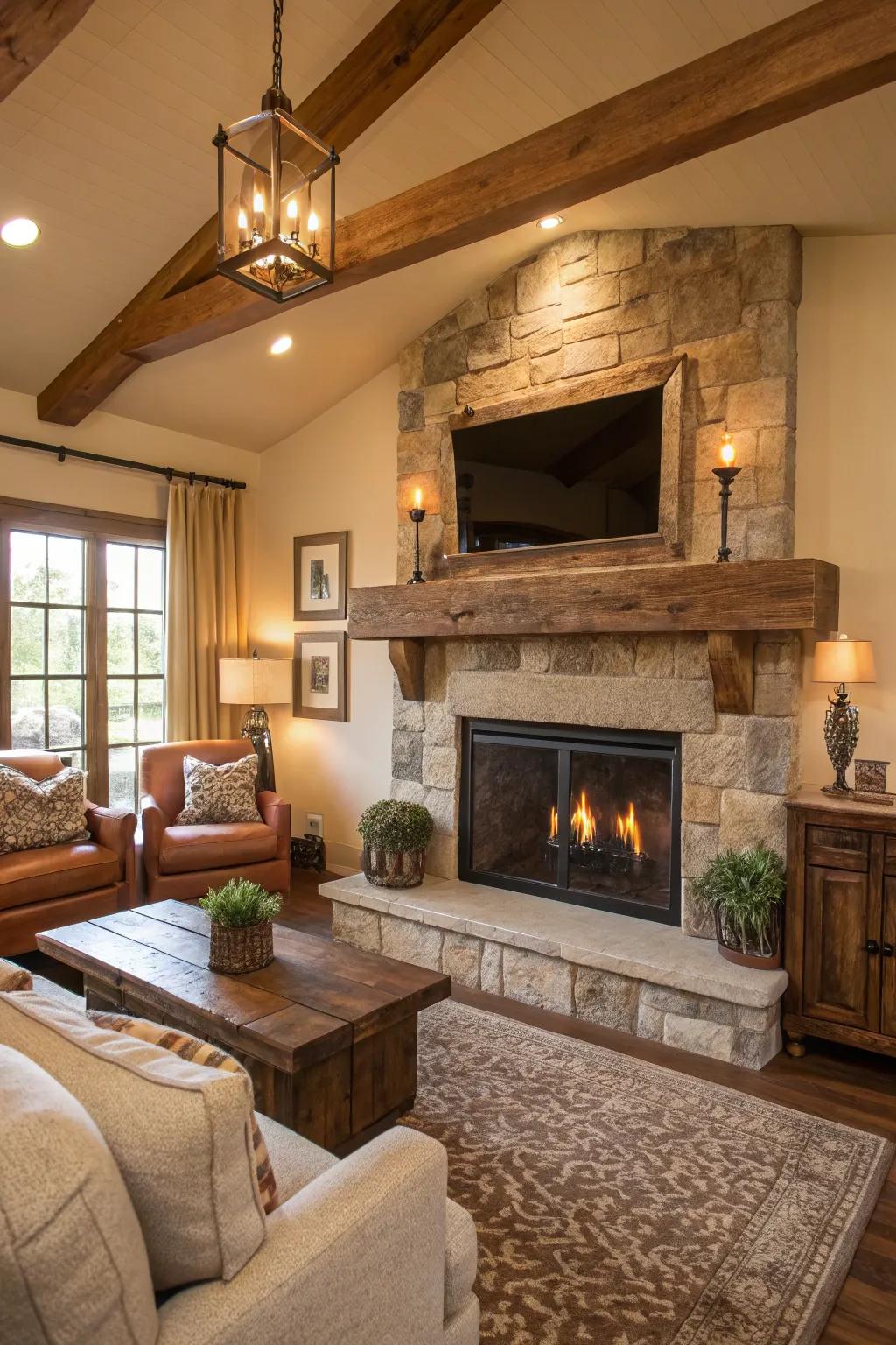 A custom ledge transforms the hearth into a cozy focal point in this ranch house.