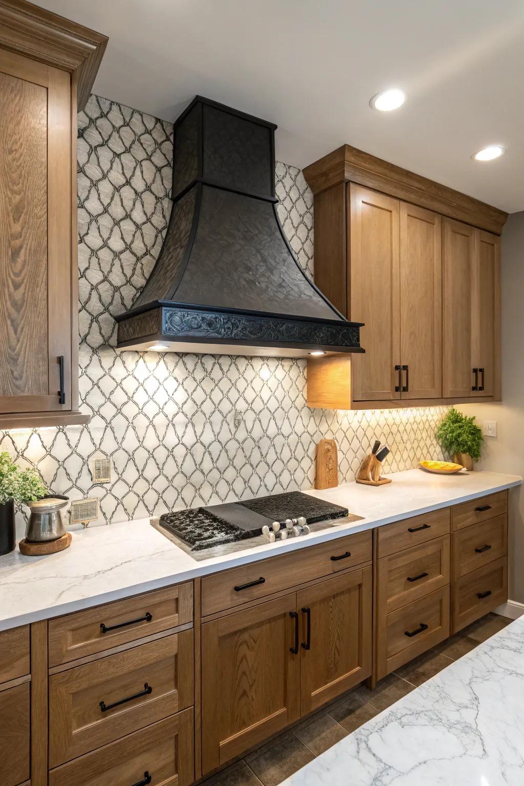 Kitchen showcasing bold contrast between a range hood and backsplash for dramatic effect.