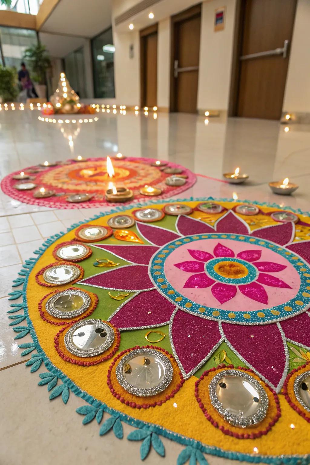 Shimmering surfaces introduce a shimmering sparkle to this festive rangoli.